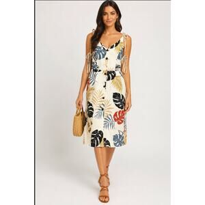 Monteau Tropical Print Linen Blend Midi Dress Resort Vacation Style S